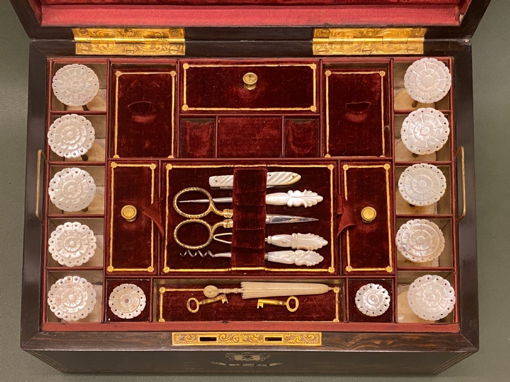 A Rare 19th century Coromandel-wood Sewing Box with TEN reels View V