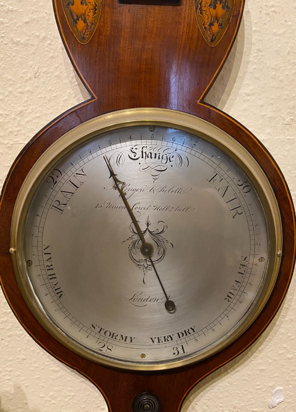 Mahogany Inlaid WHEEL BAROMETER - by Gugeri & Belotti, London c.1810-25 View V