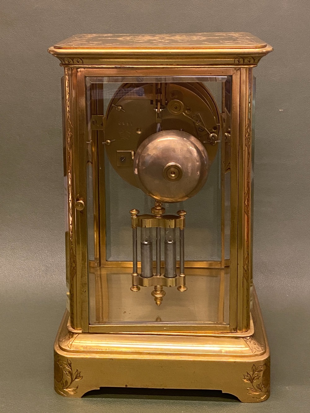 A good French engraved brass 4-glass Mantel Clock with mercury weighted pendulum View VIII