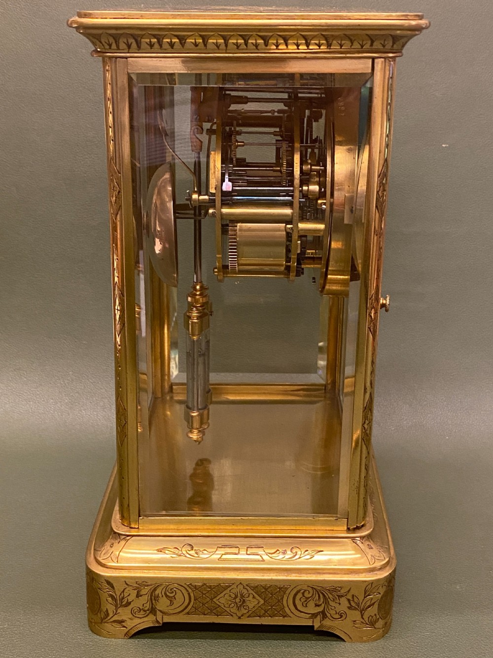 A good French engraved brass 4-glass Mantel Clock with mercury weighted pendulum View XI