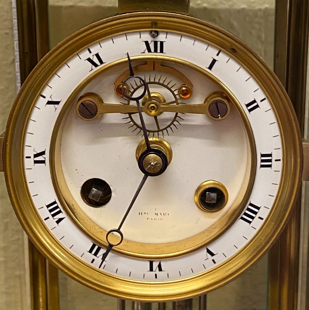A good French engraved brass 4-glass Mantel Clock with mercury weighted pendulum View XII
