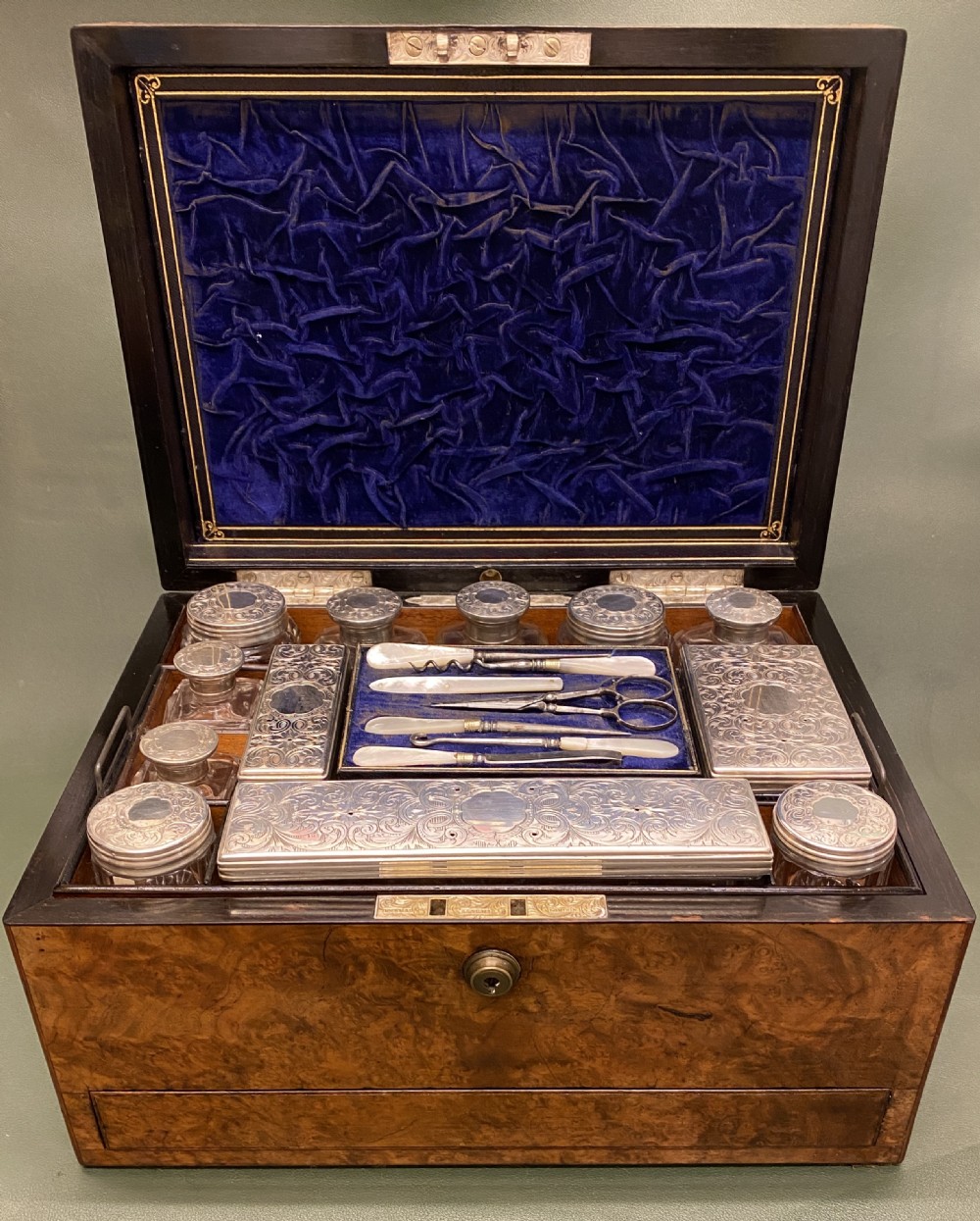 Walnut Lady's Dressing Case with hallmarked Silver tops (1872)