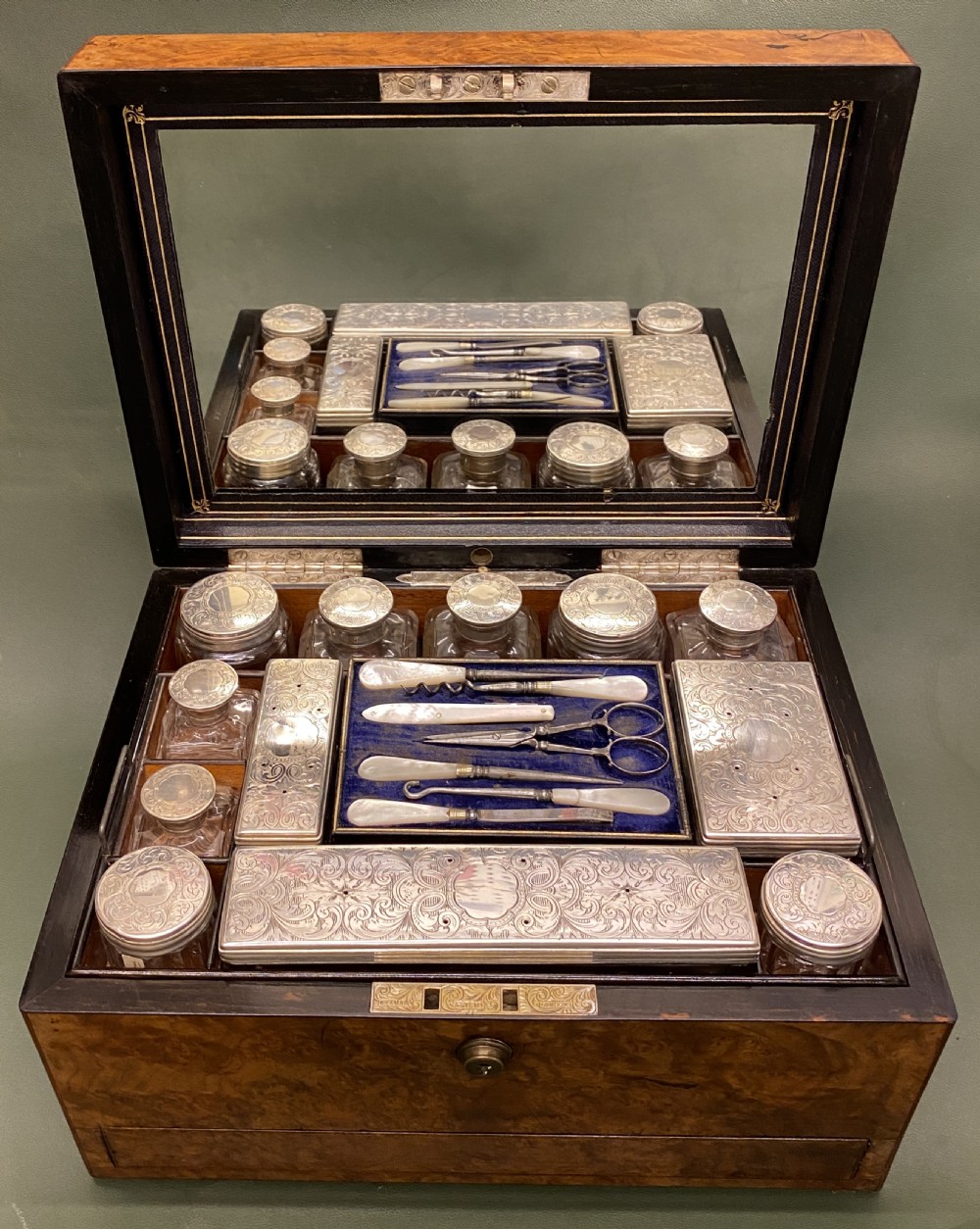 Walnut Lady's Dressing Case with hallmarked Silver tops (1872) View II