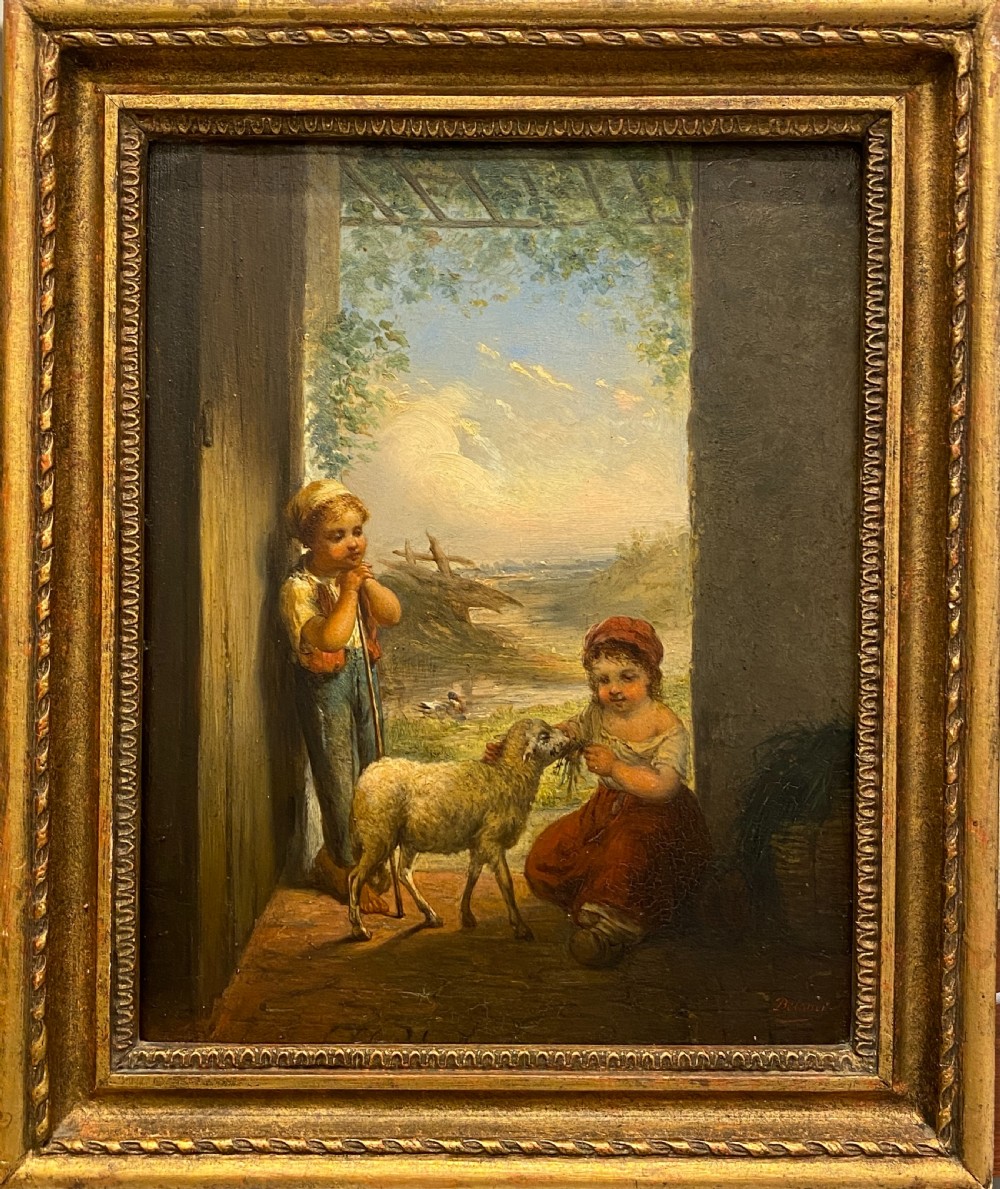 Framed Oil painting on Board - Shepherd Boy and Girl, 19th century. Signed.