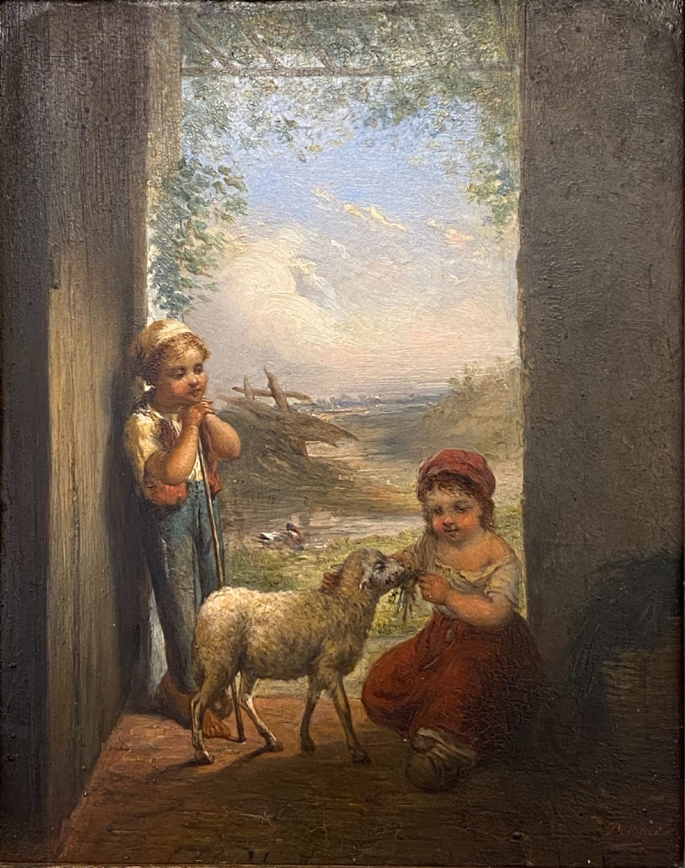 Framed Oil painting on Board - Shepherd Boy and Girl, 19th century. Signed. View II