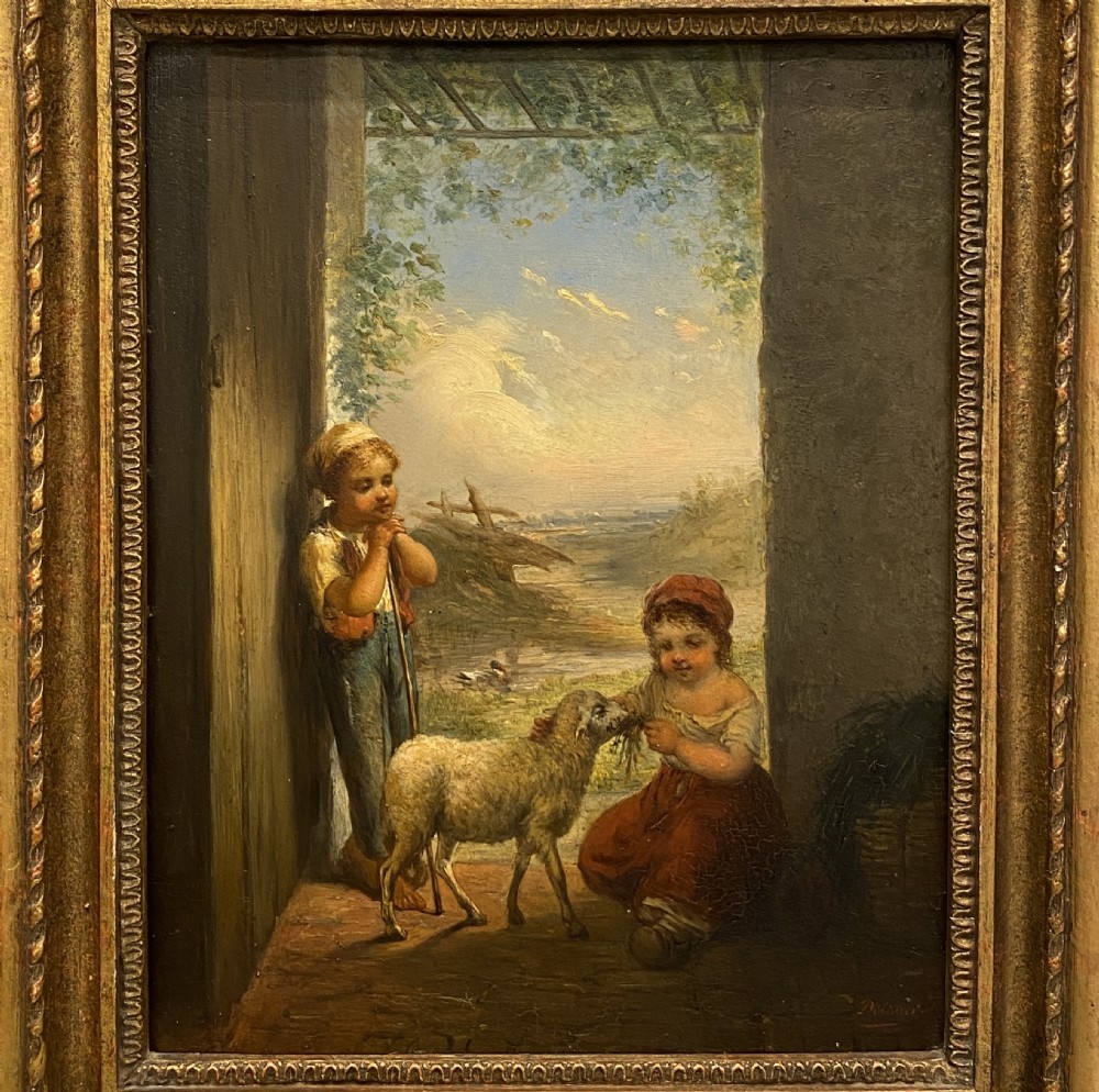 Framed Oil painting on Board - Shepherd Boy and Girl, 19th century. Signed. View X