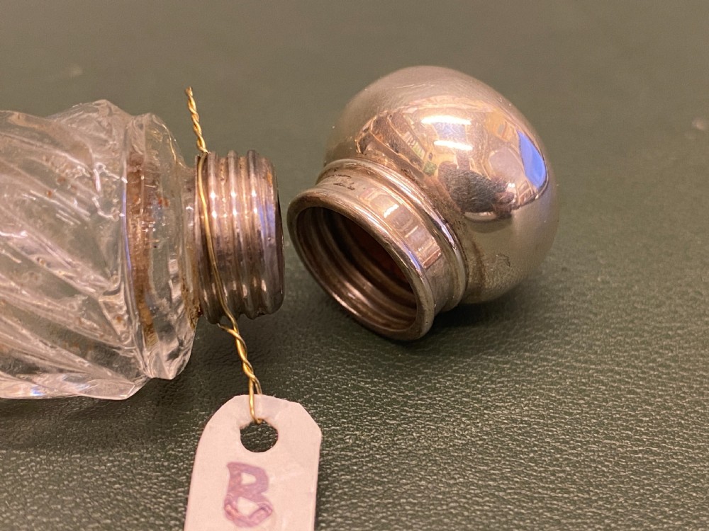 Tapered clear cut-glass spiral SCENT BOTTLE with hallmarked silver top View III