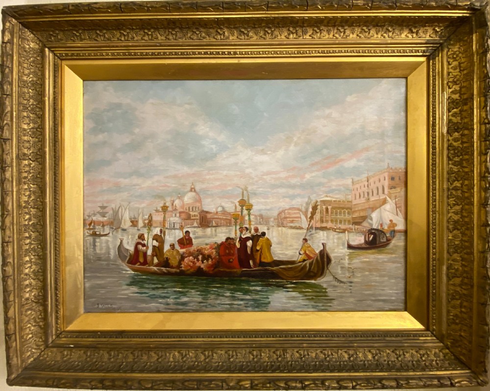 An 1897 oil painting on canvas depicting a Venetian funeral procession in a gondola on the Grand Canal, set inside an ornate gilded frame.