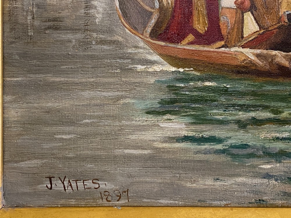 An 1897 oil painting on canvas depicting a Venetian funeral procession in a gondola on the Grand Canal, set inside an ornate gilded frame. View II