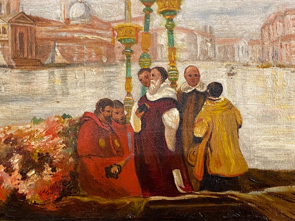 An 1897 oil painting on canvas depicting a Venetian funeral procession in a gondola on the Grand Canal, set inside an ornate gilded frame. View III