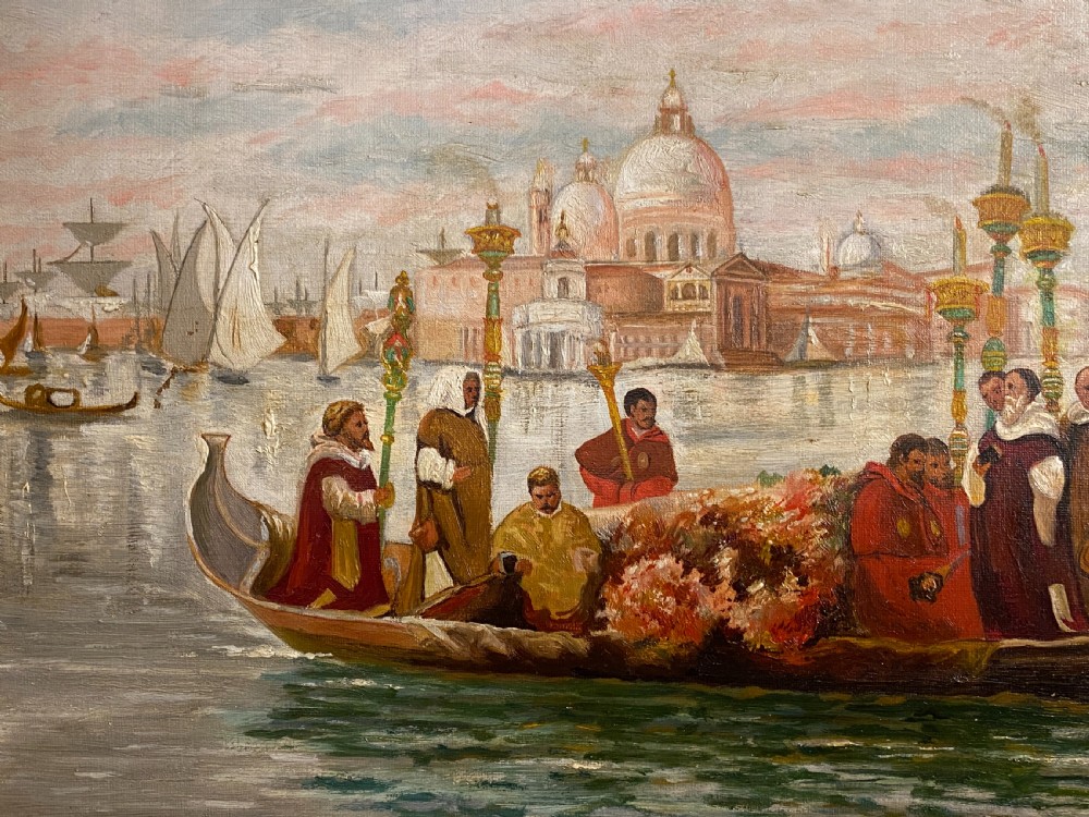 An 1897 oil painting on canvas depicting a Venetian funeral procession in a gondola on the Grand Canal, set inside an ornate gilded frame. View IV