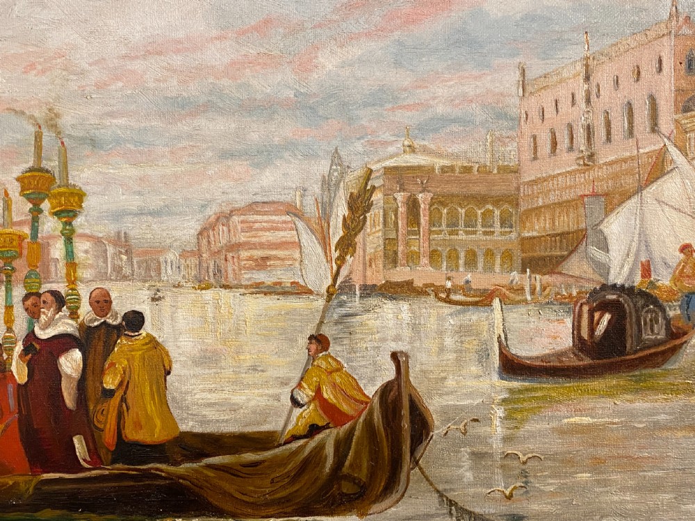 An 1897 oil painting on canvas depicting a Venetian funeral procession in a gondola on the Grand Canal, set inside an ornate gilded frame. View V