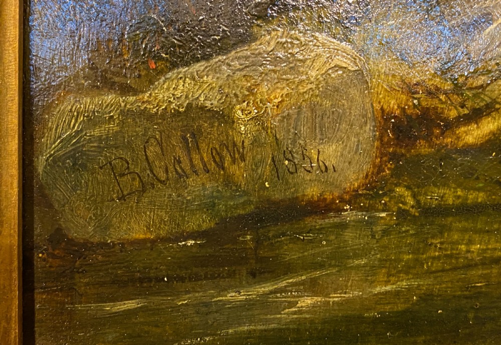 An 1856 Victorian oil painting on board depicting a figure fishing along a wooded stream, displayed inside a gilded frame. View II