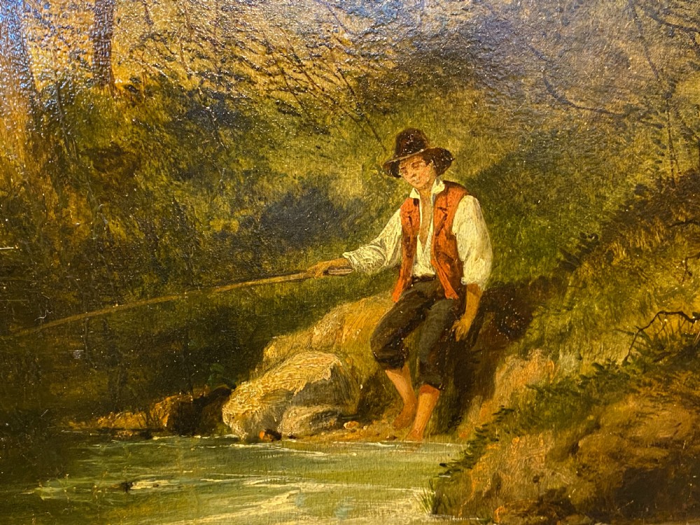 An 1856 Victorian oil painting on board depicting a figure fishing along a wooded stream, displayed inside a gilded frame. View III