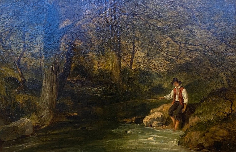 An 1856 Victorian oil painting on board depicting a figure fishing along a wooded stream, displayed inside a gilded frame. View V