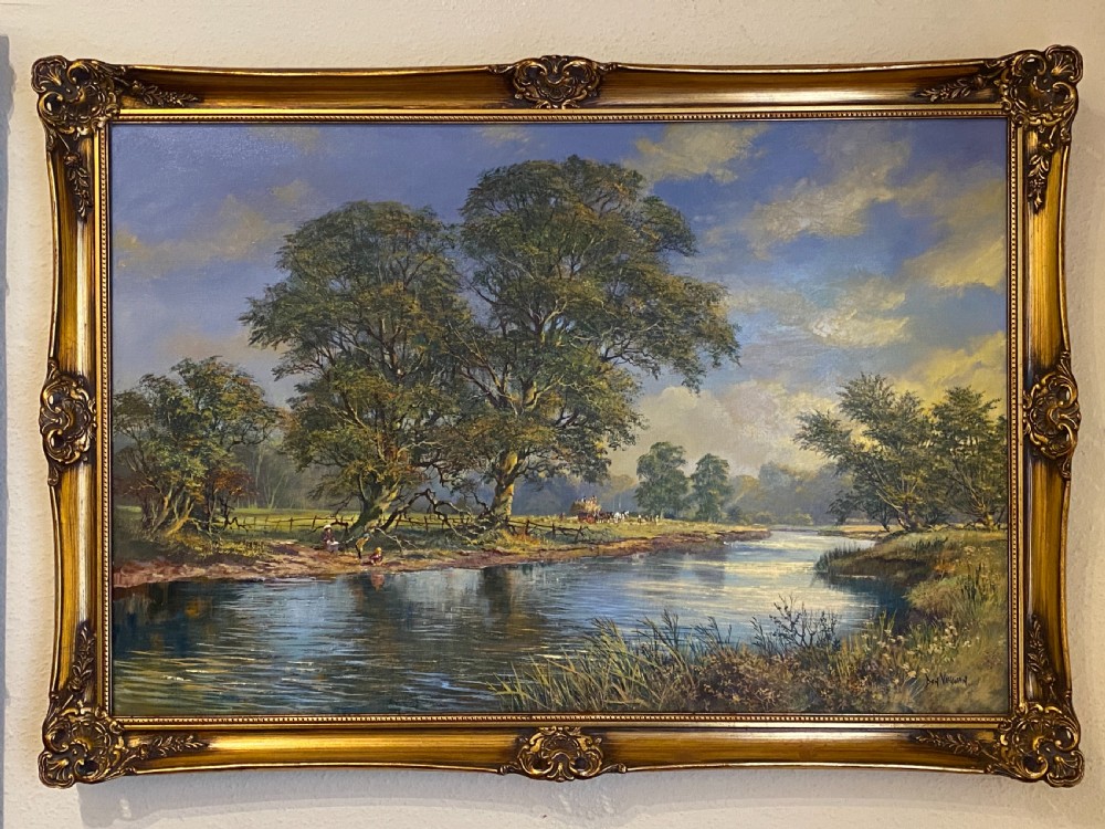 Don Vaughan - 20th Century Framed Oil on Canvas - The River Thames at Lechlade View II