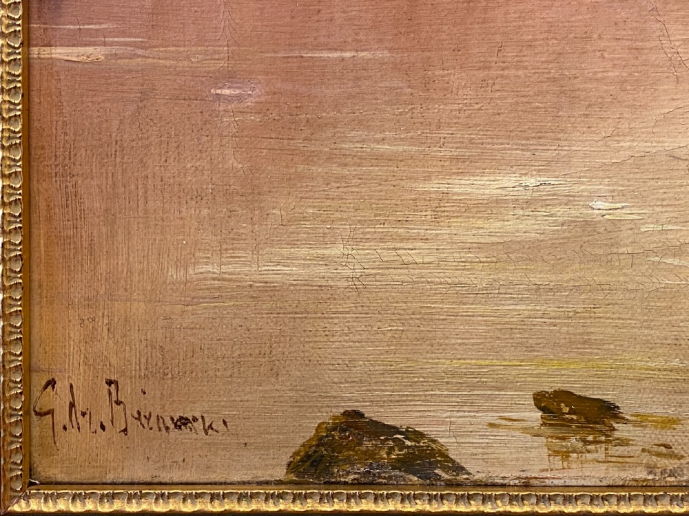 A Victorian oil painting on canvas by Gustave De Breanski depicting a mountainous lake view at sunrise in an ornate gilt frame. View VII