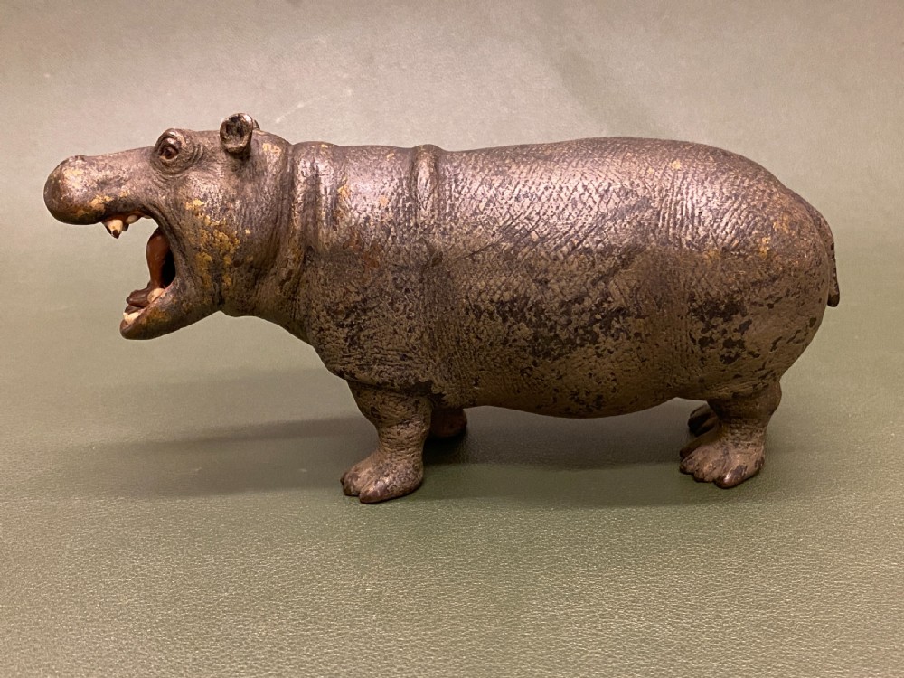 A rare late 19th century Austrian cold-painted bronze model of a Hippopotamus (16cm long) View V