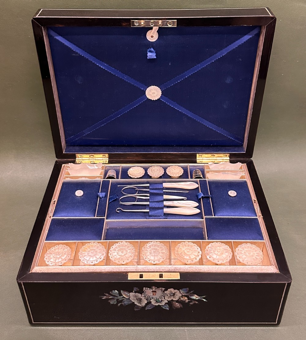 Fine quality 19th century coromandel wood inlaid Sewing Box, with provenance