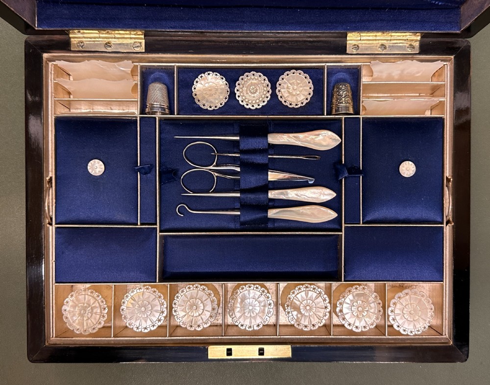 Fine quality 19th century coromandel wood inlaid Sewing Box, with provenance View II