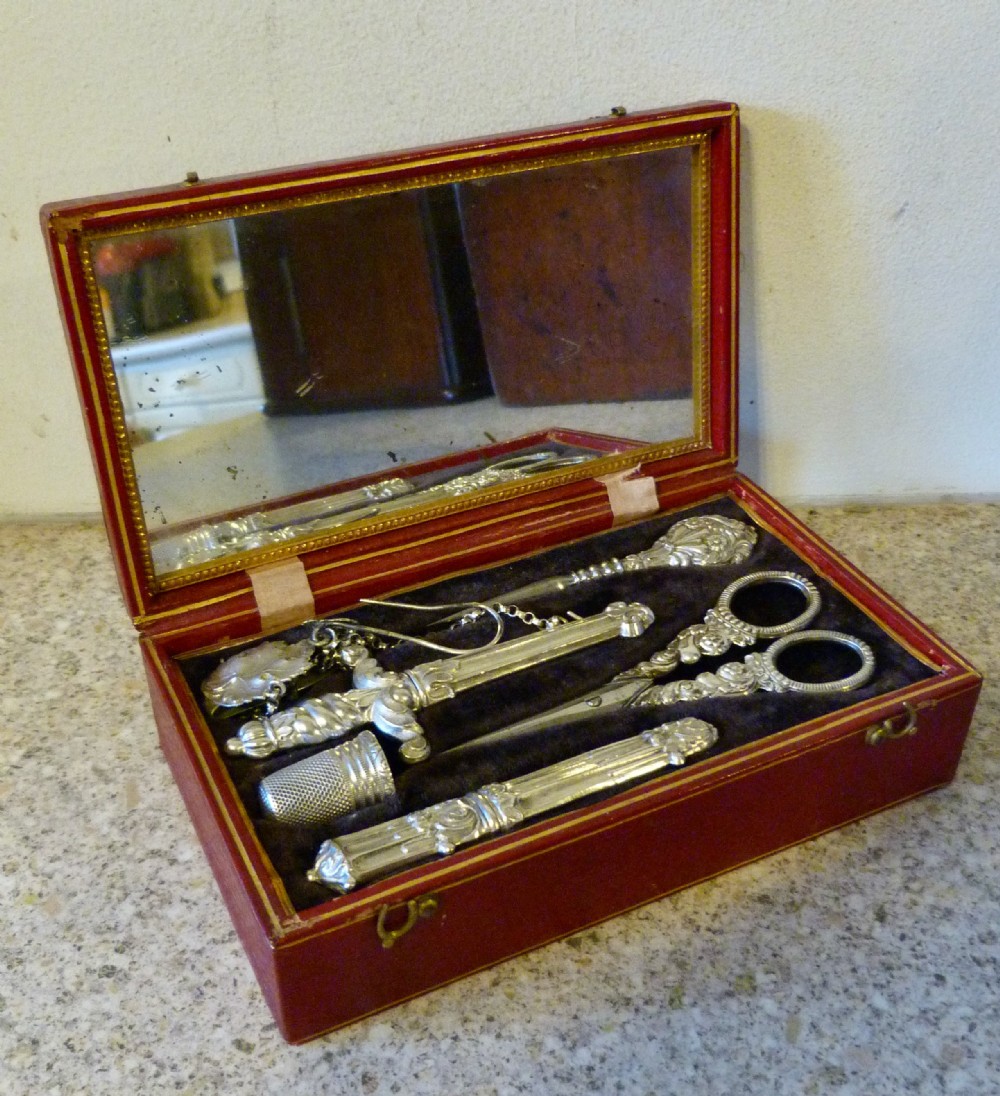 A PRETTY FRENCH SILVER-FITTED SEWING BOX 