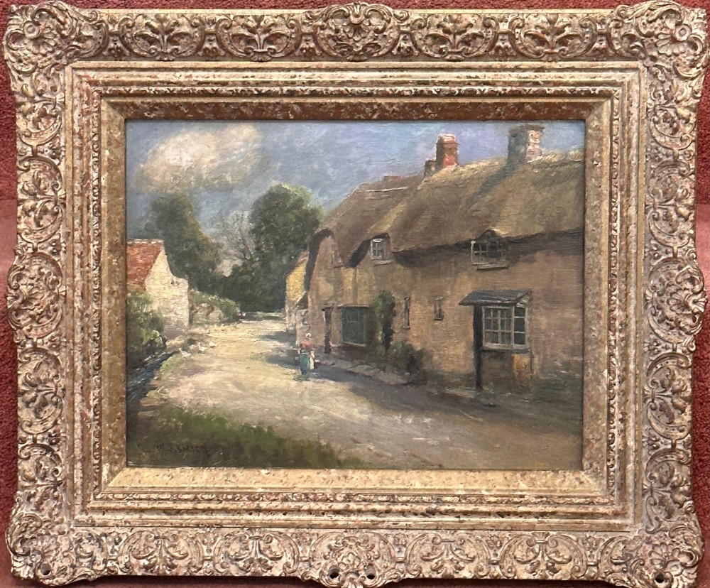 William Ashton (1853-1927): Framed oil painting on board - Village Street scene