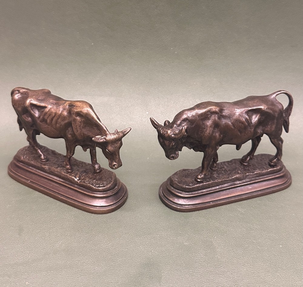 PAIR of 19th century French Bronze animals, Bull & Cow (each 12cm) by Isidore J Bonheur.