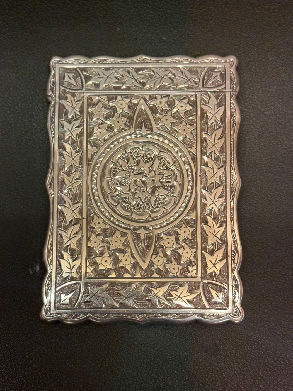 Ornately Engraved silver CARD CASE. Hallmarked: Birmingham, 1886.