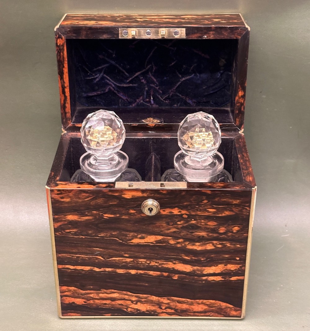 19th century Coromandel & brass-bound two-bottle Decanter box, by Leuchars of London