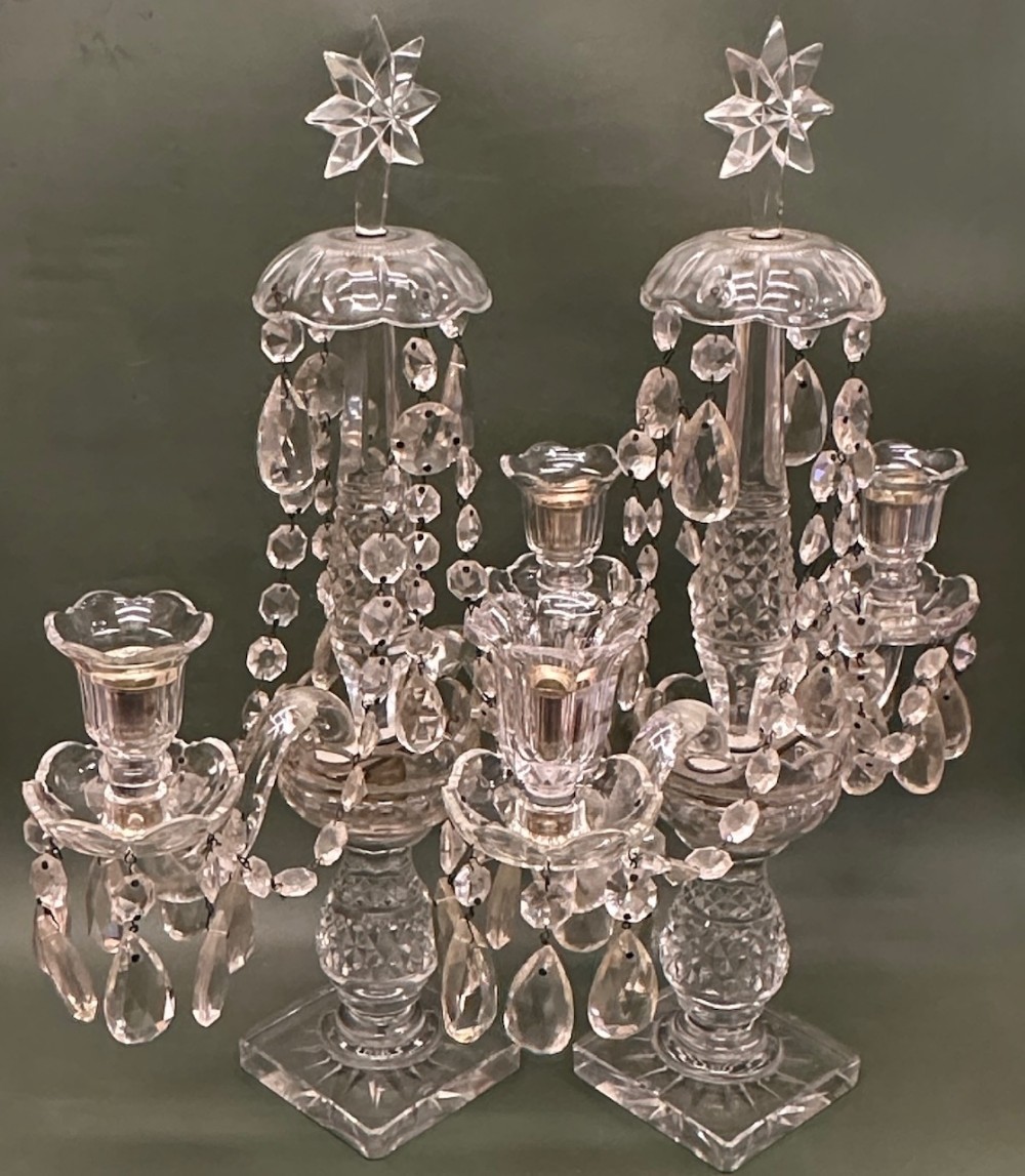 A fine PAIR of 19th century two-branch clear-glass Candelabra