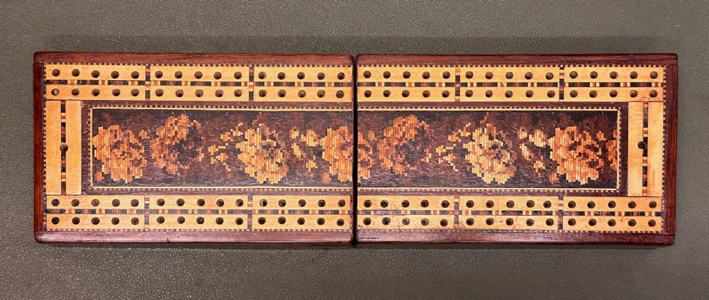 19th century Tunbridge-ware travelling/folding Cribbage Board/Box
