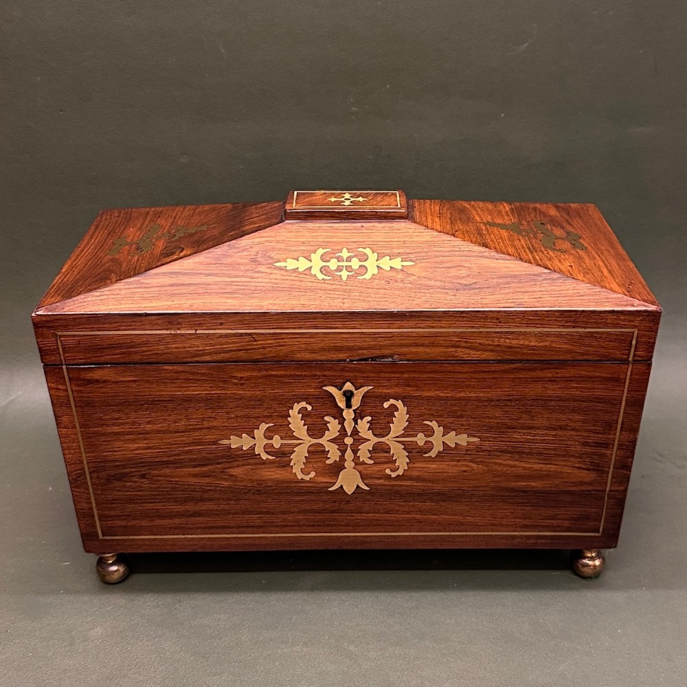 Regency period mahogany sarcophagus-shaped DOUBLE Tea Caddy with sugar bowl