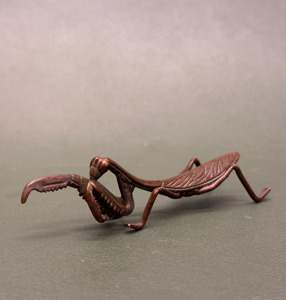 Early 20th century Japanese bronze Praying Mantis Okimono, 8.5cm