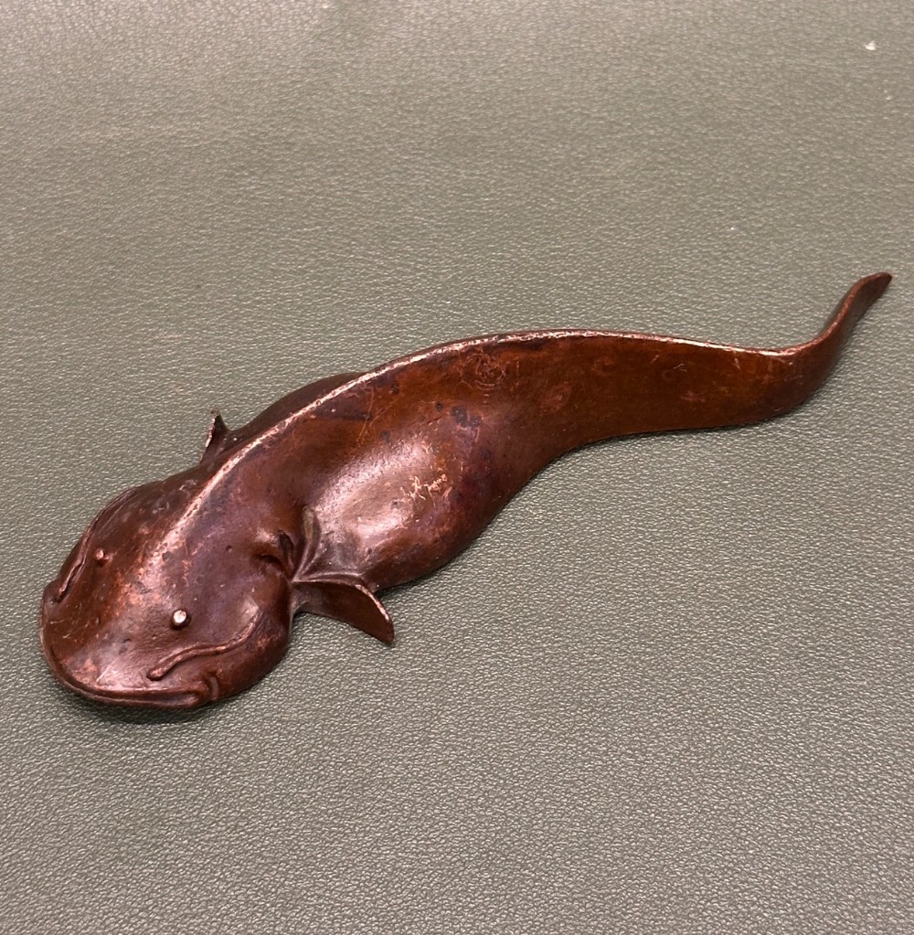 Early 20th century (Meiji Period) Japanese bronze Catfish Okimono, Signed