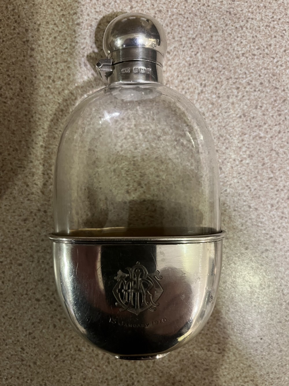 A GOOD SILVER & GLASS SPIRIT FLASK View II