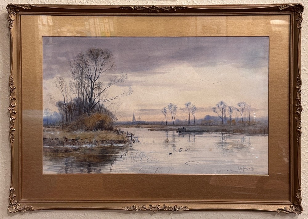 An 1891 Victorian watercolour landscape painting depicting a calm river scene with bare trees, water reflections, and a church spire in the background.