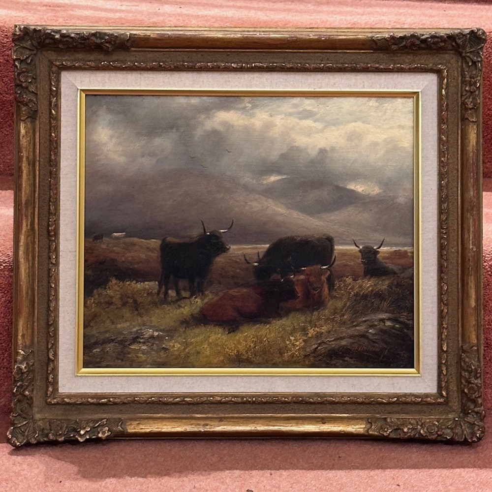 Victorian Gilt Framed Oil painting on Panel – “Highland Cattle under heavy Skies” by Robert F. Watson. 1876