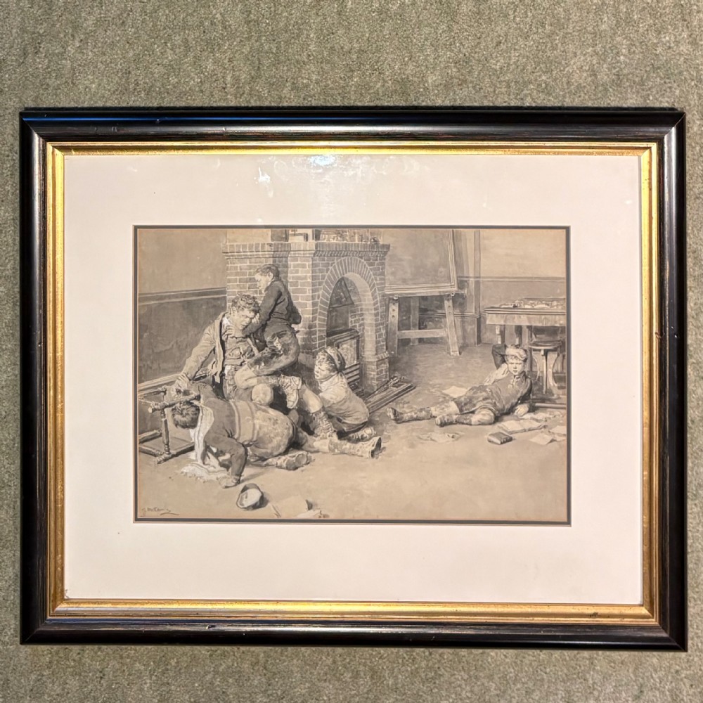 A framed monochrome watercolour painting signed by Fortunino Matania, depicting several young boys scuffling and playing in a room near a brick fireplace.