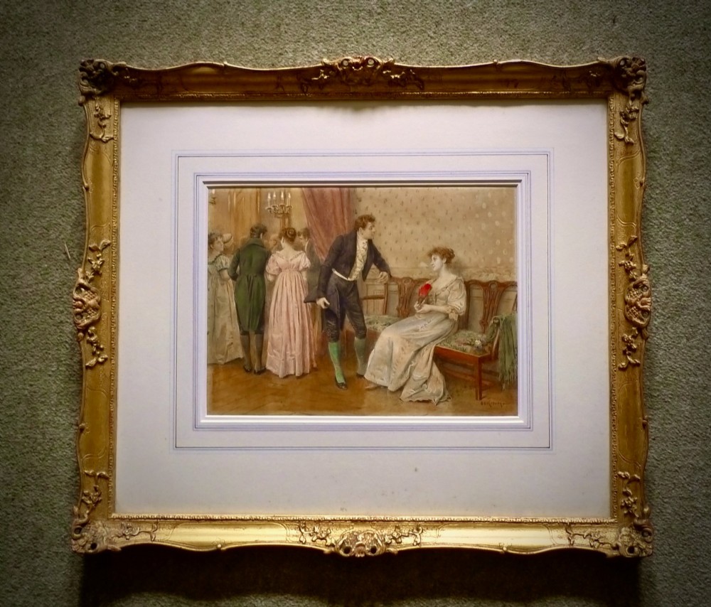 A framed watercolour painting depicting figures in Regency costume inside a parlour, set within a gilded frame with ornate corner details.