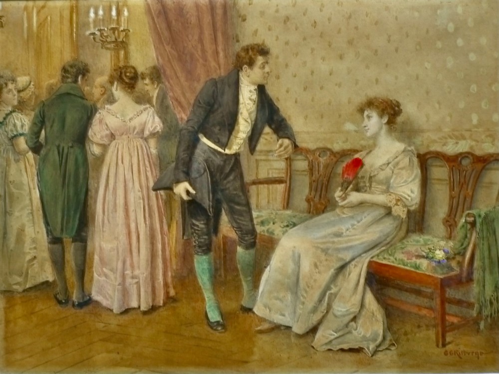 A framed watercolour painting depicting figures in Regency costume inside a parlour, set within a gilded frame with ornate corner details. View II