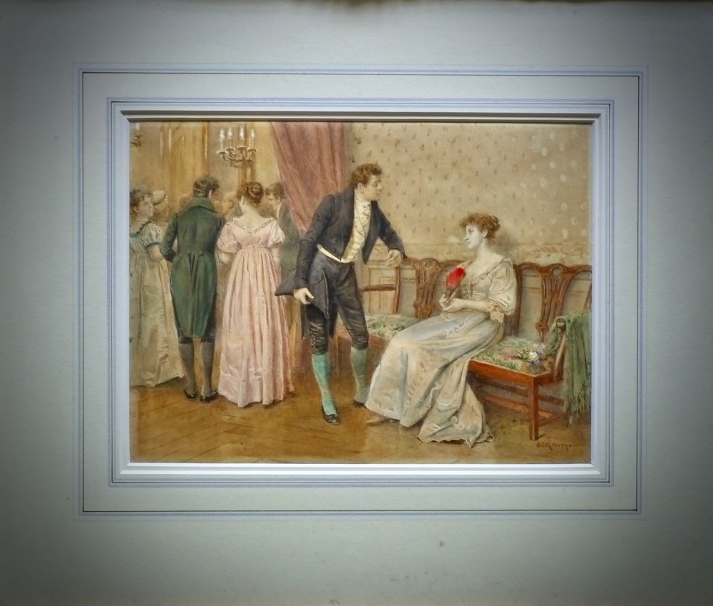 A framed watercolour painting depicting figures in Regency costume inside a parlour, set within a gilded frame with ornate corner details. View III