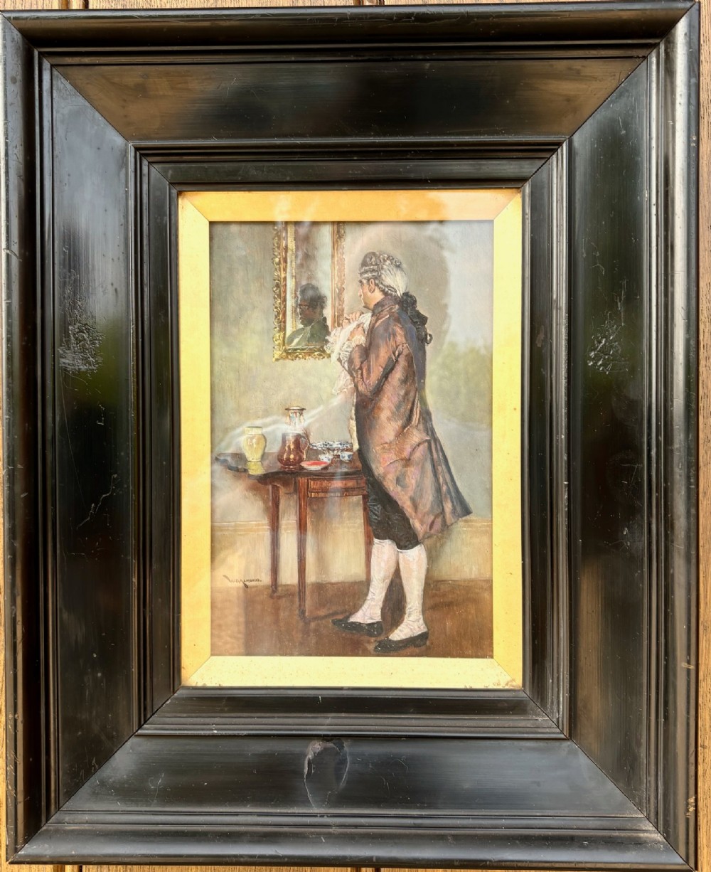 An antique oil painting depicting an 18th-century gentleman admiring his reflection in a wall mirror, housed within a deep moulded black frame with a gilded inner slip.
