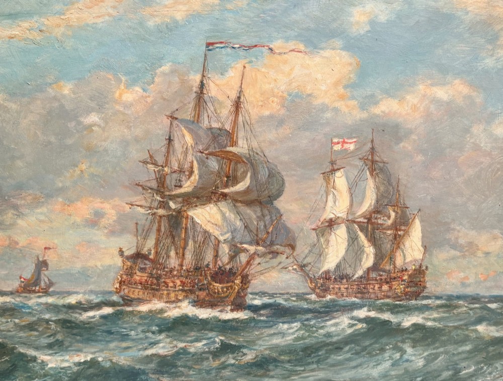 A framed oil painting depicting historical sailing ships navigating choppy ocean waters beneath a cloudy sky. View II