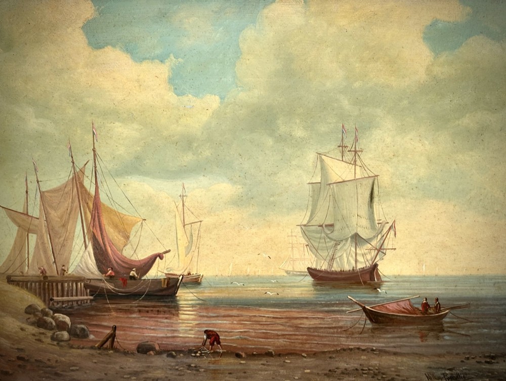 An antique oil painting on wood panel depicting sailing ships anchored along a sandy shore under a cloudy sky, held in an ornate gilt scrollwork frame. View II