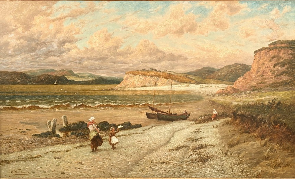 An antique oil painting depicting a coastal shoreline scene with figures and boats, set inside an ornate gilded frame. View II