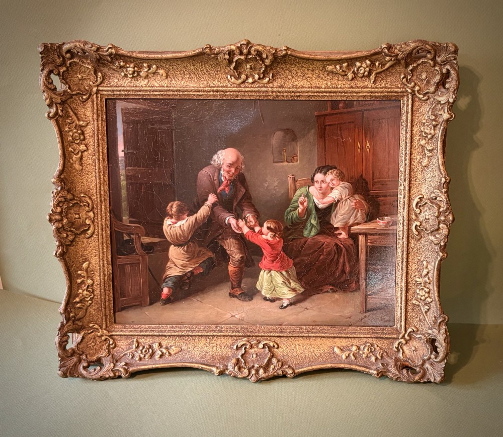 A nineteenth-century narrative oil painting on a wooden panel depicting a grandfather visiting a mother and children in a cottage interior, framed in an ornate gold gilt frame.