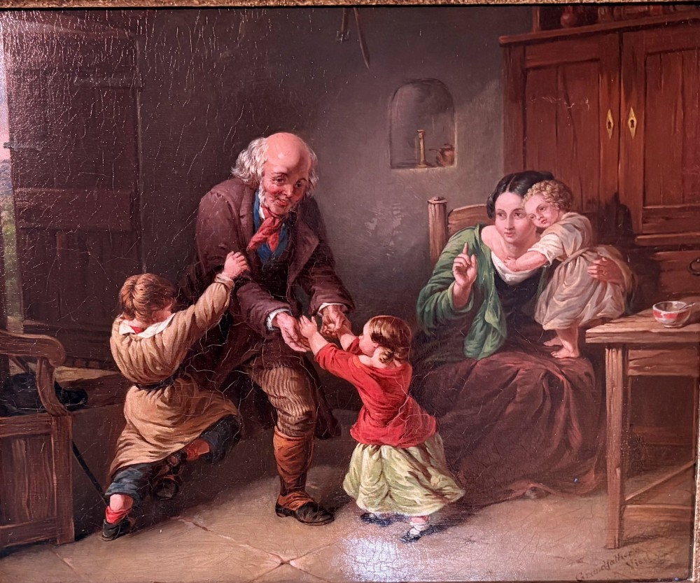 A nineteenth-century narrative oil painting on a wooden panel depicting a grandfather visiting a mother and children in a cottage interior, framed in an ornate gold gilt frame. View II