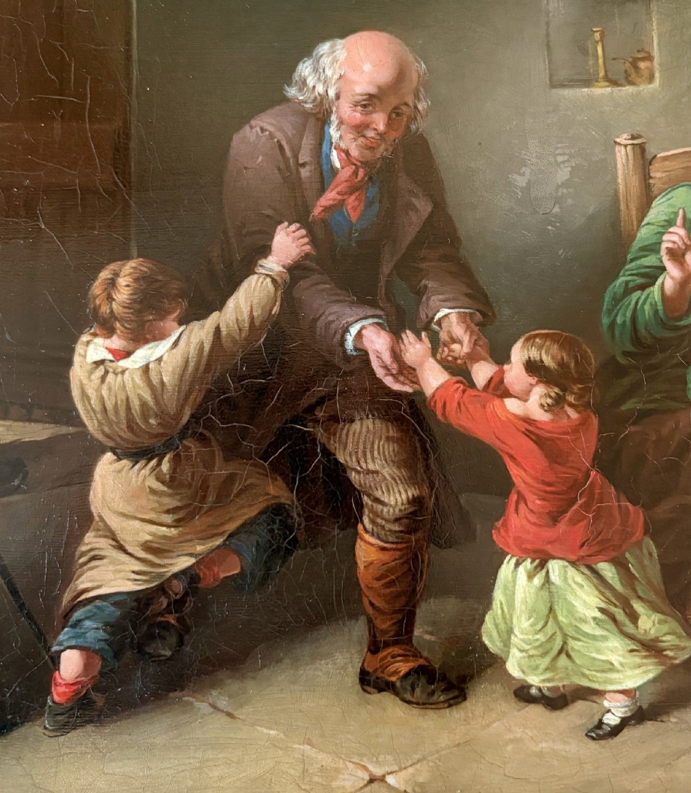 A nineteenth-century narrative oil painting on a wooden panel depicting a grandfather visiting a mother and children in a cottage interior, framed in an ornate gold gilt frame. View III