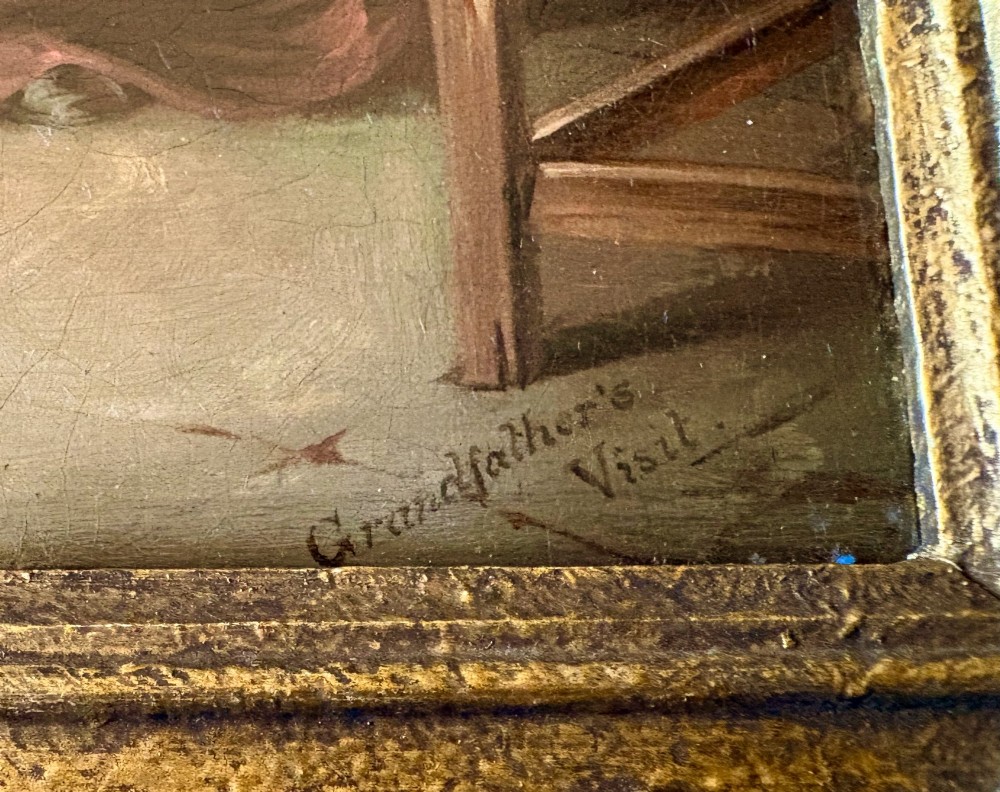 A nineteenth-century narrative oil painting on a wooden panel depicting a grandfather visiting a mother and children in a cottage interior, framed in an ornate gold gilt frame. View VI