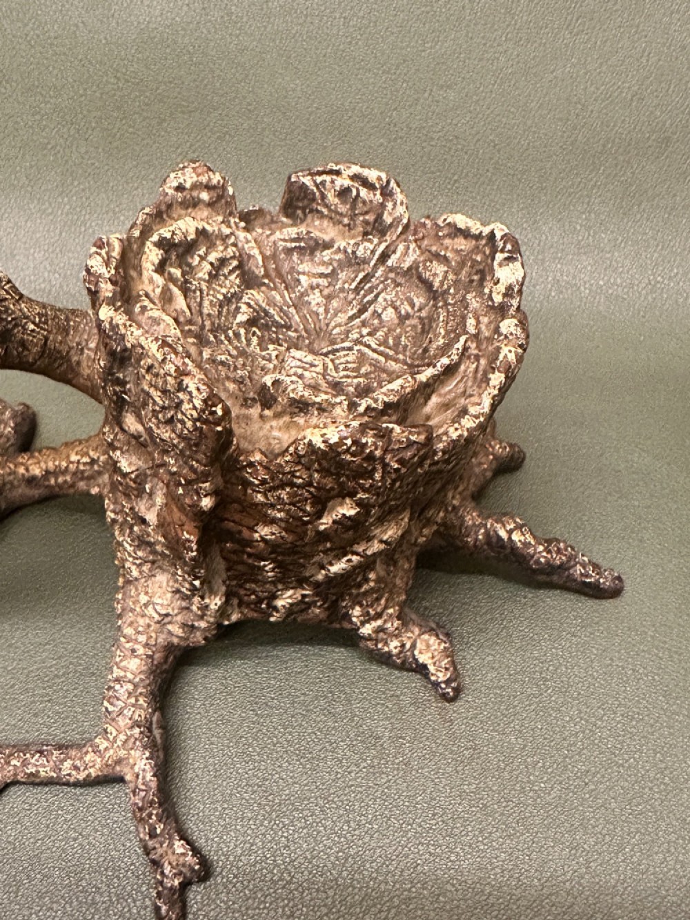 A cold painted bronze inkwell depicting a kingfisher bird perched on a branch above a tree stump base. View VI